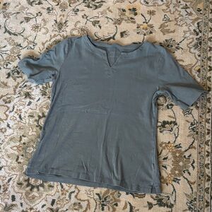 Talbots Mossy Green V Neck Short Sleeve 100% Cotton Top Casual Work Office Basic